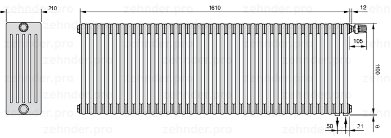 Схема (чертеж) Радиатор Zehnder Charleston 6110/35 №V002 Белый глянцевый RAL 9016